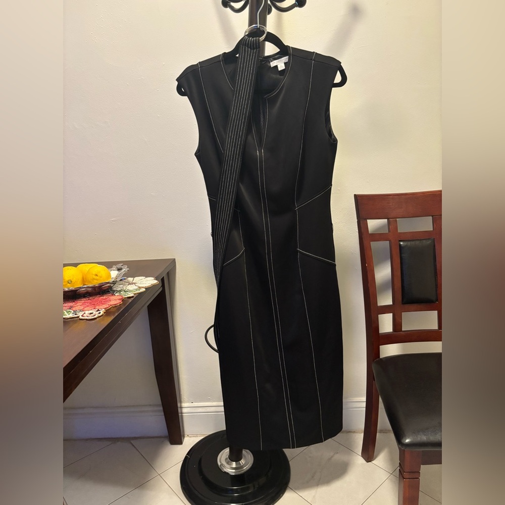 New York & Company Black Midi Dress with White Stitching